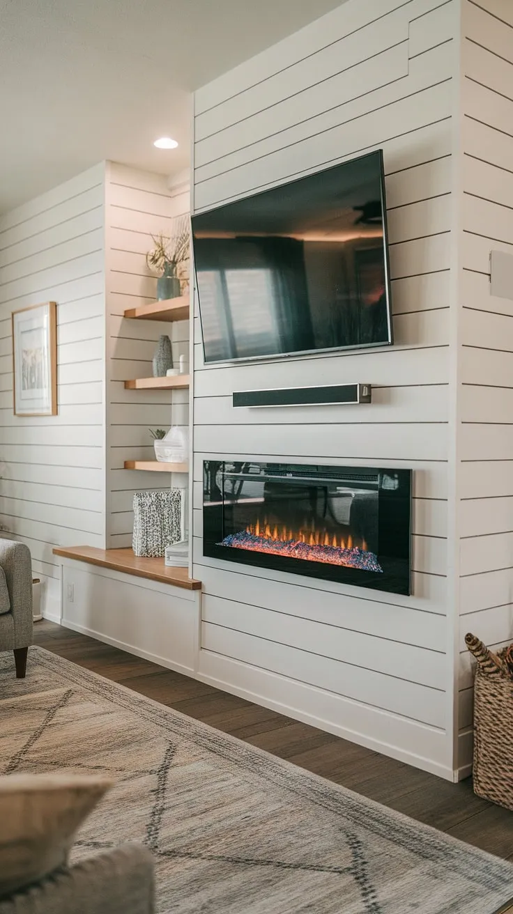 Cozy nights are made for this living room, complete with a stunning built-in electric fireplace, shiplap fireplace wall, and a perfectly positioned TV above.  The fireplace built-ins add a touch of rustic charm, making it the heart of the home. This living room fireplace is the perfect blend of modern convenience and timeless style.  A DIY shiplap fireplace wouldn't be half as impressive!