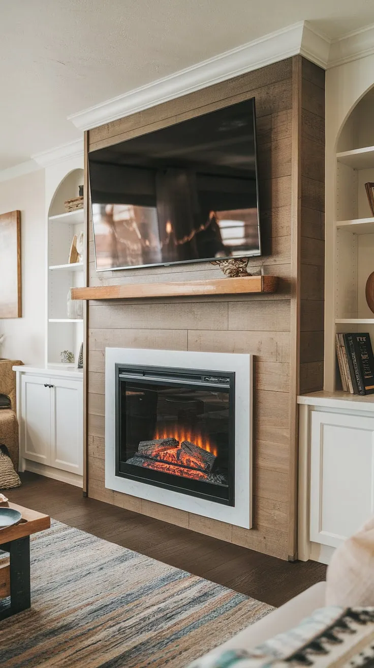 Cozy nights are made for this living room, complete with a stunning shiplap fireplace—a built-in electric fireplace that's both functional and a beautiful focal point.  The fireplace TV wall, with its clever fireplace built-ins, elevates the space.  This isn't your average bedroom fireplace; it's a living room fireplace upgrade you'll adore.  While a DIY shiplap fireplace might be a project, this built-in electric fireplace offers instant luxury.
