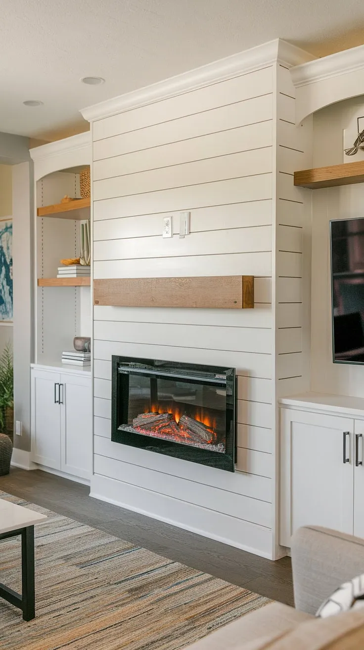 Cozy nights are guaranteed with this stunning living room fireplace.  The shiplap fireplace, a DIY dream come true, anchors the room, perfectly complemented by the built-in electric fireplace and flanking built-ins.  The fireplace TV wall completes this sophisticated and functional design.  A bedroom fireplace might be nice, but this living room fireplace is pure perfection.
