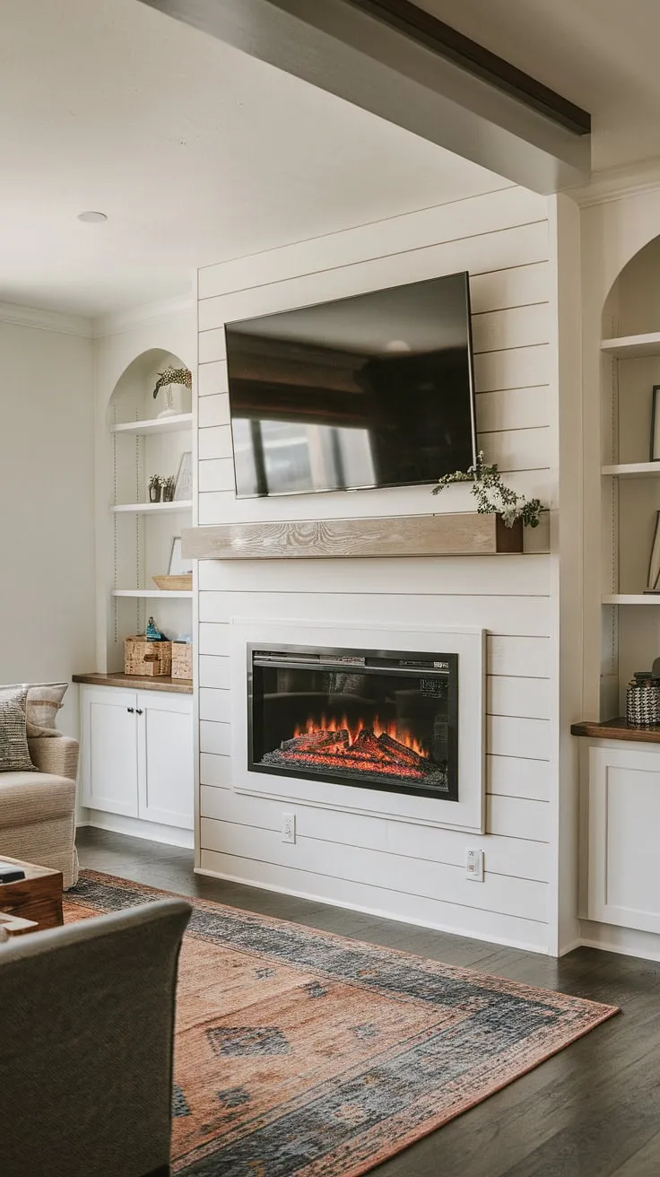 The warmth of a crackling fire (without the mess!) is now a reality thanks to this built-in electric fireplace.  The shiplap fireplace is a showstopper, beautifully integrated with the fireplace built-ins and a conveniently placed TV. This fireplace tv wall is the perfect blend of style and function, transforming our living room into a haven of comfort.  A DIY shiplap fireplace project, it's the heart of our home, and feels like a luxurious bedroom fireplace upgrade.