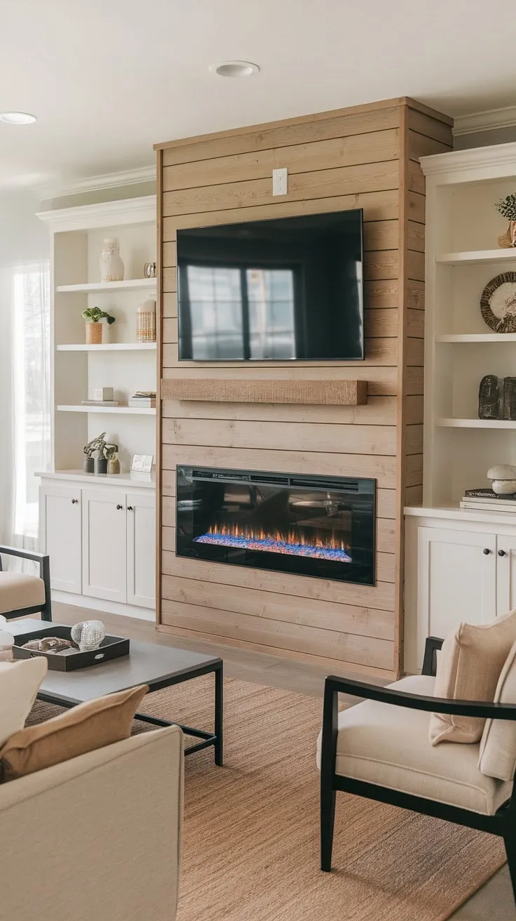 The warmth of a built-in electric fireplace, the rustic charm of shiplap, and the convenience of a fireplace TV wall all in one?  This living room is a dream come true.  The built-in fireplace and surrounding fireplace built-ins create a cohesive and stylish design.  Forget a bedroom fireplace; this is the ultimate relaxation spot.  We're so proud of our DIY shiplap fireplace!