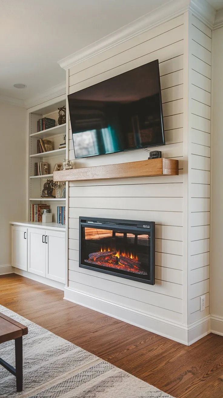The shiplap fireplace is the star of this show! This built-in electric fireplace offers the ambiance of a traditional hearth without the hassle, seamlessly integrated into the fireplace built-ins. The fireplace TV wall is both stylish and practical, making this living room the perfect place to relax and unwind.  Forget a DIY shiplap fireplace – this professionally designed living room fireplace is pure perfection.