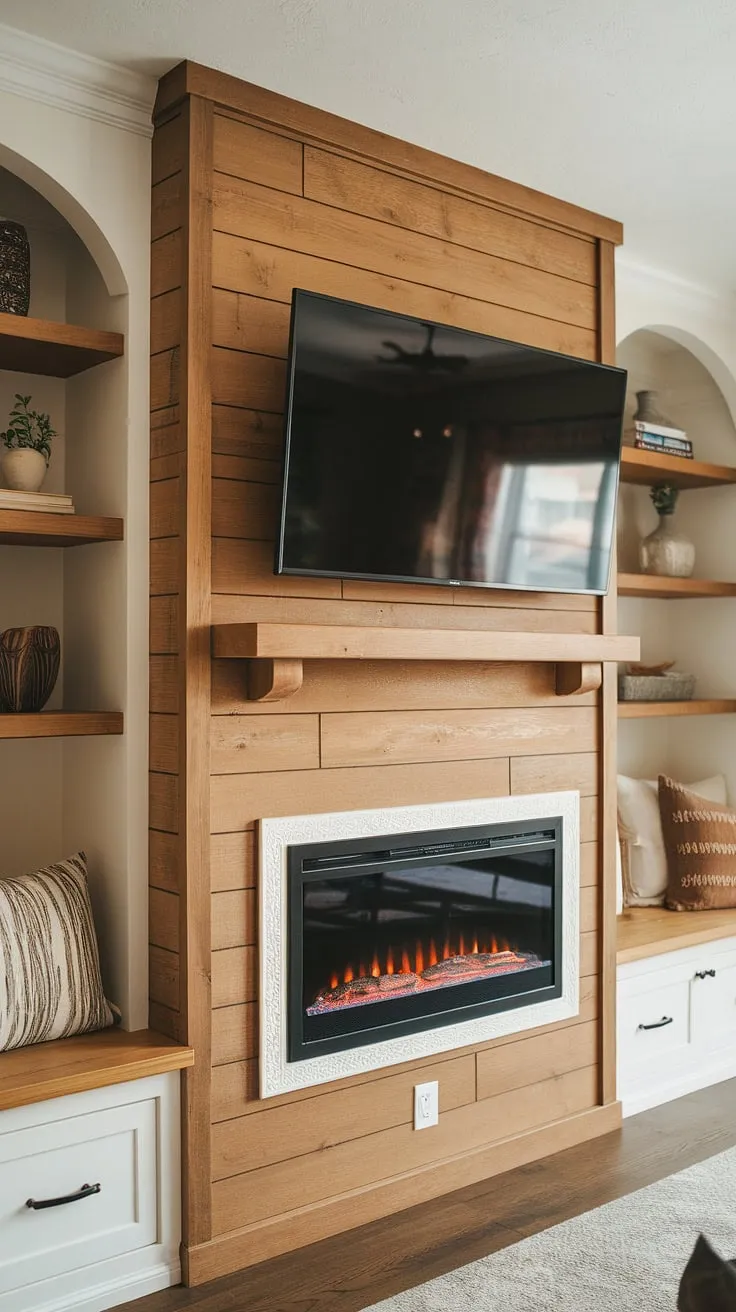 Cozy nights are made for this living room fireplace.  The shiplap fireplace, complete with built-in electric fireplace and shelving, creates the perfect fireplace tv wall.  This built-in fireplace is the heart of the home, offering warmth and style—a DIY shiplap fireplace dream come true.  Even a bedroom fireplace wouldn't be as inviting.