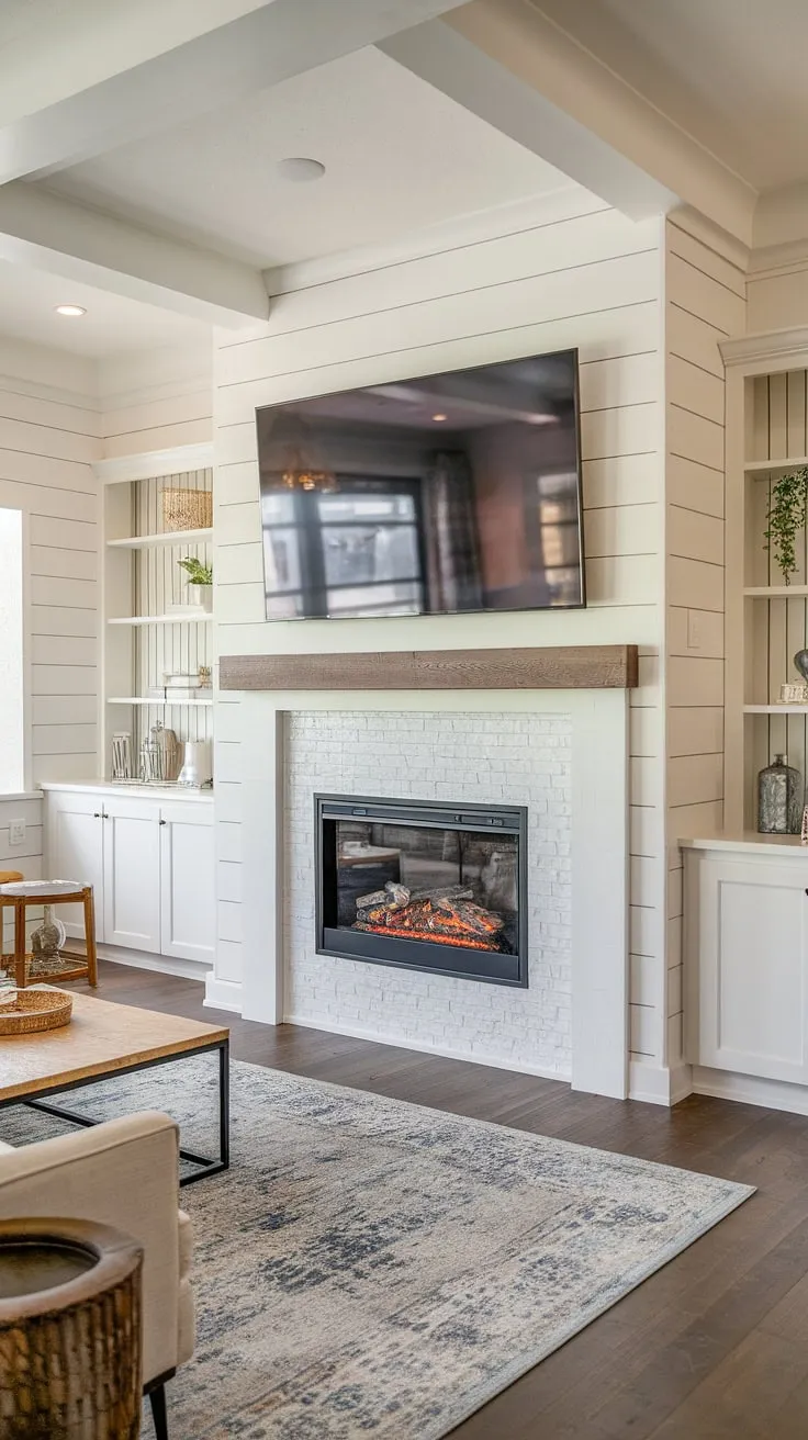 This shiplap fireplace is the heart of this inviting living room.  The built-in electric fireplace offers warmth and ambiance without the hassle, perfectly complemented by the custom fireplace built-ins and the large TV mounted above.  Imagine cozy evenings spent in front of this fireplace tv wall—a far cry from a typical bedroom fireplace!  The design is stunning, though it's certainly not a diy shiplap fireplace you'd tackle on a weekend.