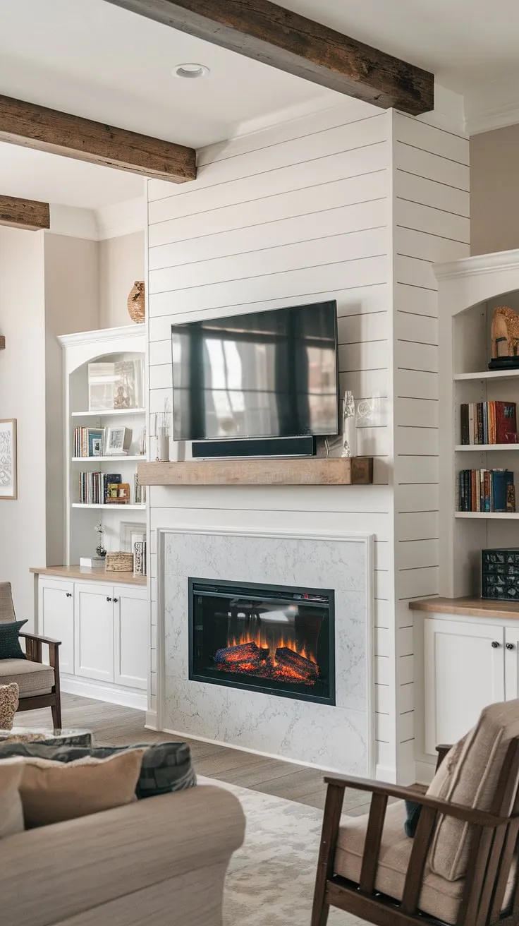 This isn't your average living room fireplace.  The built-in electric fireplace is the centerpiece of this space, beautifully framed by DIY shiplap fireplace paneling and clever fireplace built-ins.  The fireplace TV wall is a genius design element, and the overall rustic aesthetic makes it a space you'll never want to leave.  Forget a bedroom fireplace; this is where the magic happens.