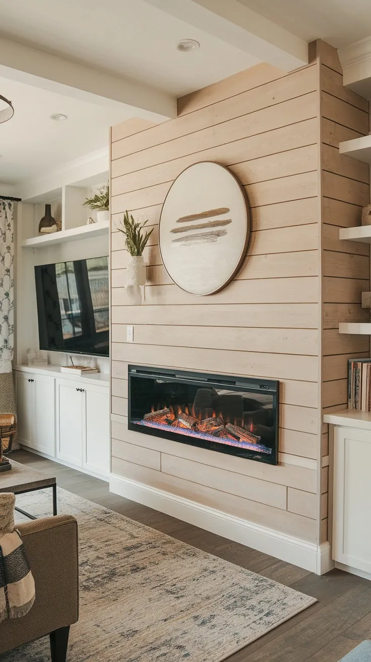 Cozy nights are made for this living room, complete with a stunning shiplap fireplace—a built-in electric fireplace that's the heart of this fireplace TV wall.  The fireplace built-ins, including the shelves, add to the room's charm.  While a bedroom fireplace might be lovely, this living room fireplace is truly a dream.  This DIY shiplap fireplace is the perfect blend of rustic and modern.