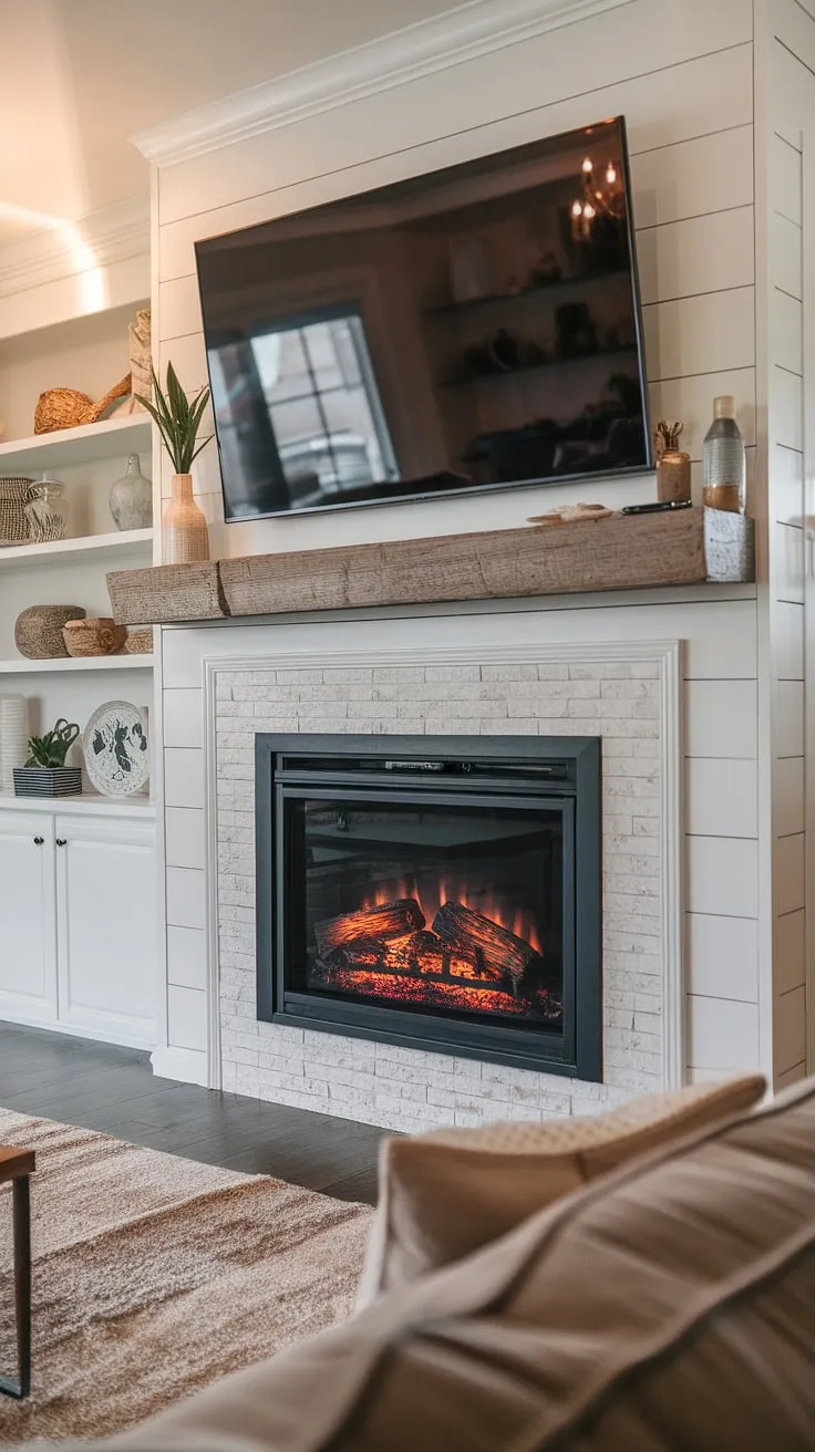 Imagine curling up on the plush rug in front of this built-in electric fireplace, the warm glow reflecting off the shiplap fireplace surround.  The fireplace TV wall above is the perfect blend of form and function, making this living room fireplace the heart of the home.  This is the epitome of fireplace built-ins, a space where comfort and style meet.  A bedroom fireplace might be nice, but this living room fireplace is pure perfection.