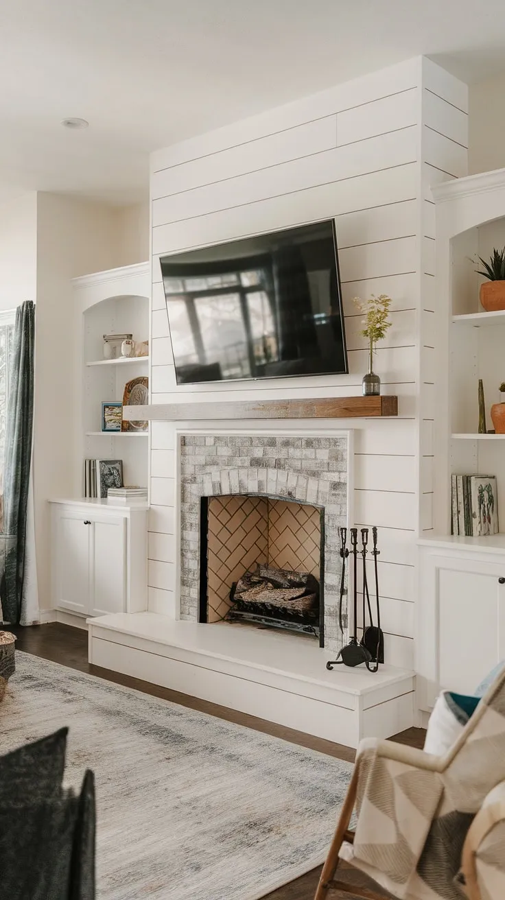 The warmth of this shiplap fireplace, a beautiful built-in electric fireplace, instantly elevates this living room.  The clever fireplace built-ins and fireplace TV wall design maximize space and style.  This is living room fireplace perfection, a testament to the power of DIY shiplap fireplace projects.