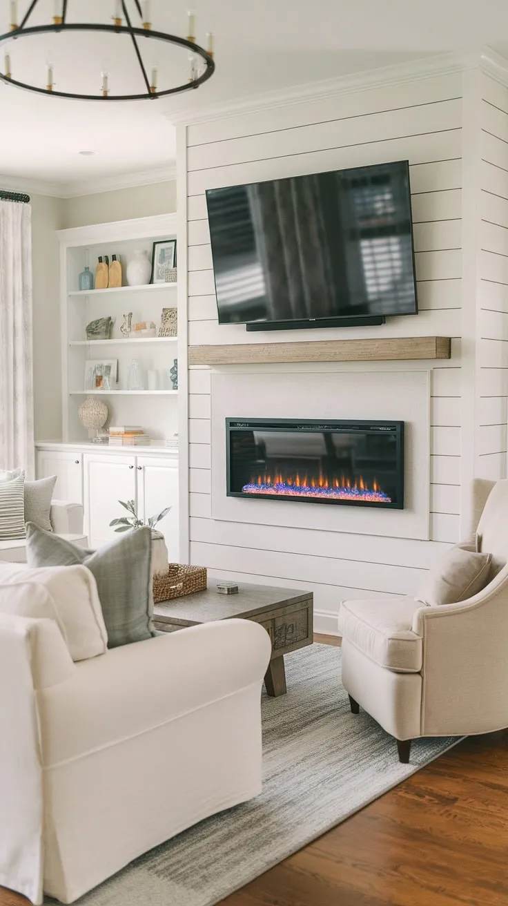 This dreamy living room boasts a show-stopping shiplap fireplace, featuring a built-in electric fireplace and a perfectly placed TV above.  The fireplace built-ins are the perfect blend of rustic charm and modern convenience, making it the focal point of this relaxing space. While a bedroom fireplace might be lovely, this living room fireplace is truly a design masterpiece.  (Though a DIY shiplap fireplace might be a fun project!)