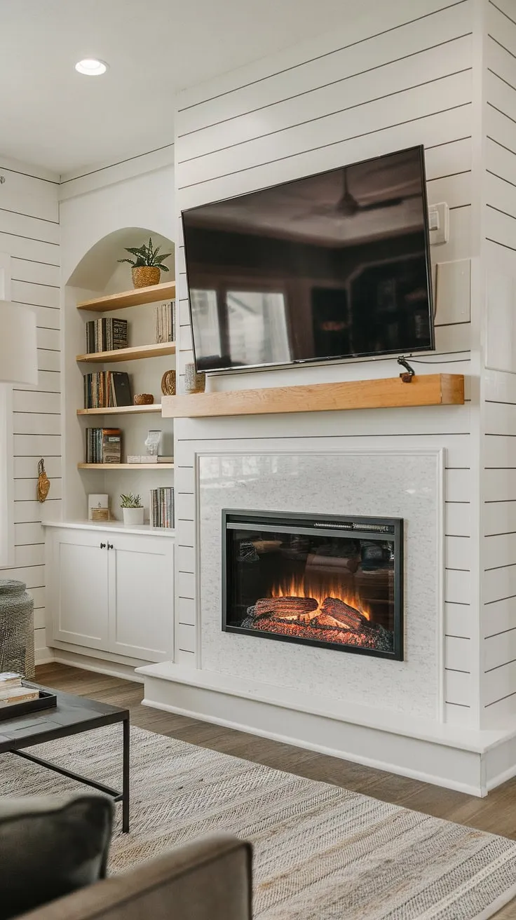 The warmth of a built-in electric fireplace perfectly complements the rustic charm of the shiplap fireplace.  This fireplace built-ins design, complete with a TV mounted above and integrated shelving, is the ultimate fireplace TV wall.  Imagine relaxing by this living room fireplace, or even adding a similar built-in fireplace to a bedroom.  The possibilities are endless with this expertly crafted, and not DIY shiplap fireplace.