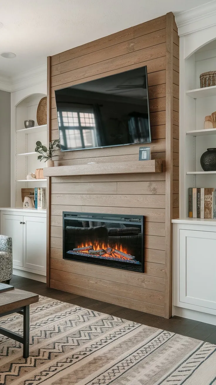 The ultimate living room fireplace upgrade! This built-in electric fireplace with its shiplap surround is both stylish and functional.  The integrated fireplace TV wall and flanking built-ins maximize space and create a cohesive design.  Imagine the endless cozy evenings spent in front of this DIY shiplap fireplace masterpiece.