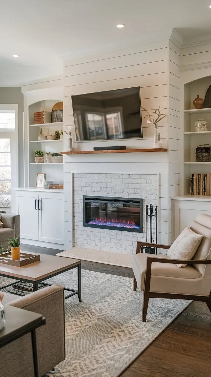 The heart of the home? This living room, undoubtedly.  A built-in fireplace, featuring a charming shiplap fireplace design, anchors the space.  The built-in electric fireplace provides a cozy ambiance, while the fireplace TV wall elevates movie nights.  Flanked by practical fireplace built-ins, this design is both beautiful and functional.  Forget a bedroom fireplace; this living room fireplace is the ultimate relaxation destination.  While a DIY shiplap fireplace might be a project, this one is pure perfection.