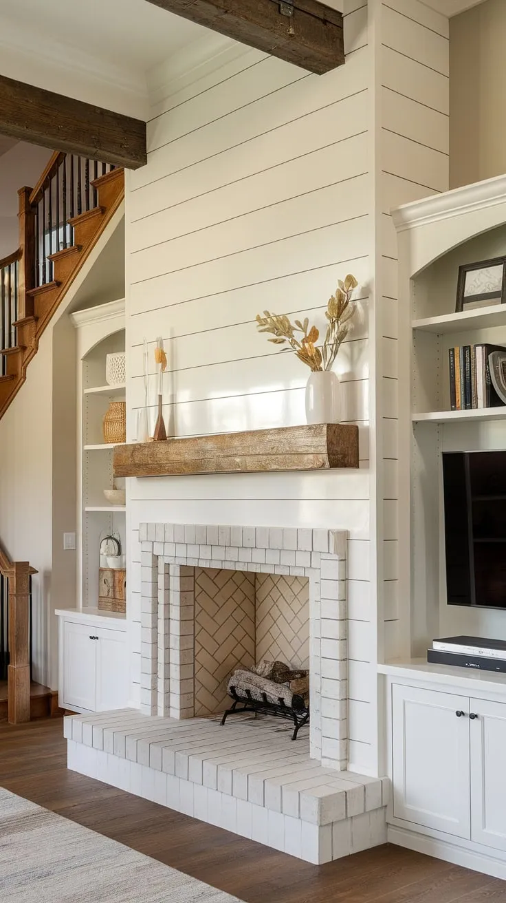 The warmth of a built-in fireplace, the rustic elegance of shiplap, and the convenience of a fireplace TV wall—all perfectly combined in this breathtaking living room.  The fireplace built-ins offer ample storage, while the exposed wooden beams and staircase add to the home's character.  Forget a bedroom fireplace; this built-in electric fireplace is the ultimate focal point, a testament to thoughtful design and cozy living.
