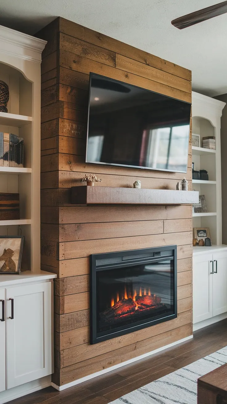 The warmth of a crackling fire (electric, of course!) meets modern convenience in this living room fireplace.  This built-in electric fireplace, crafted from shiplap, is the heart of the home.  The fireplace TV wall and surrounding fireplace built-ins create a seamless and stylish design.  Imagine relaxing by this DIY shiplap fireplace—a dream come true.