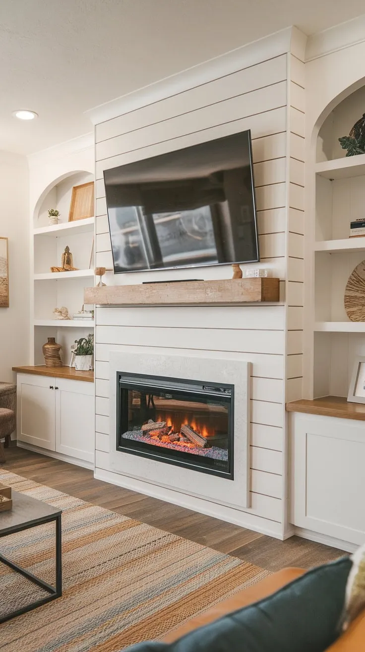 The warmth of a crackling fire (electric, of course!) meets modern convenience in this living room fireplace design.  Our built-in electric fireplace, crafted with shiplap, is the focal point of this fireplace tv wall, complete with built-in shelves and a perfectly positioned TV.  This fireplace built-ins setup is the epitome of cozy sophistication, a far cry from any diy shiplap fireplace attempt you might find online.  It's the perfect blend of rustic charm and modern living.