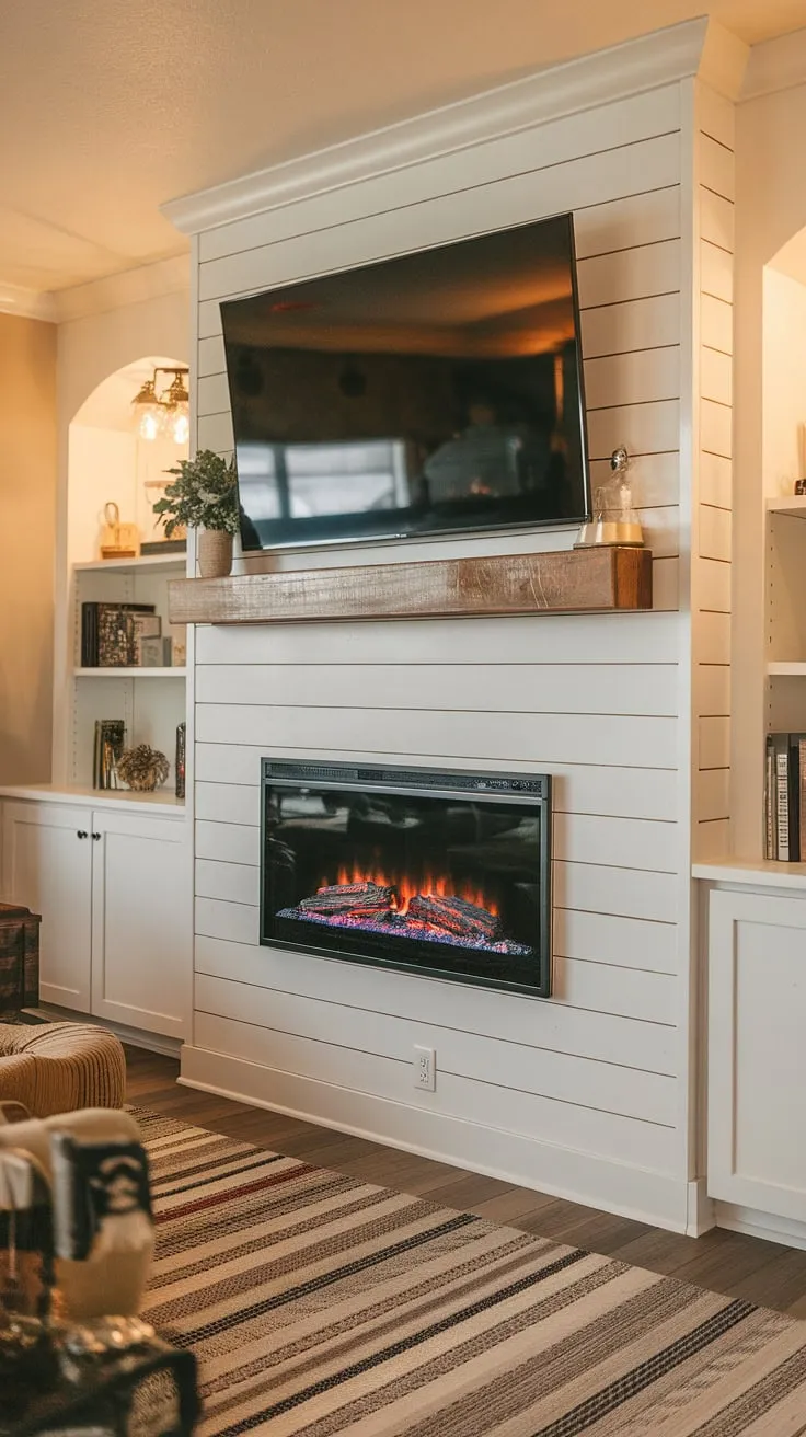 Cozy nights in are made even better with this stunning living room fireplace. The built-in electric fireplace, complete with a shiplap surround and a wooden mantel, is the perfect focal point, enhanced by the fireplace built-ins and the cleverly integrated TV above.  This fireplace tv wall is the ultimate in modern comfort and style.  A DIY shiplap fireplace might seem daunting, but the result is undeniably worth it.