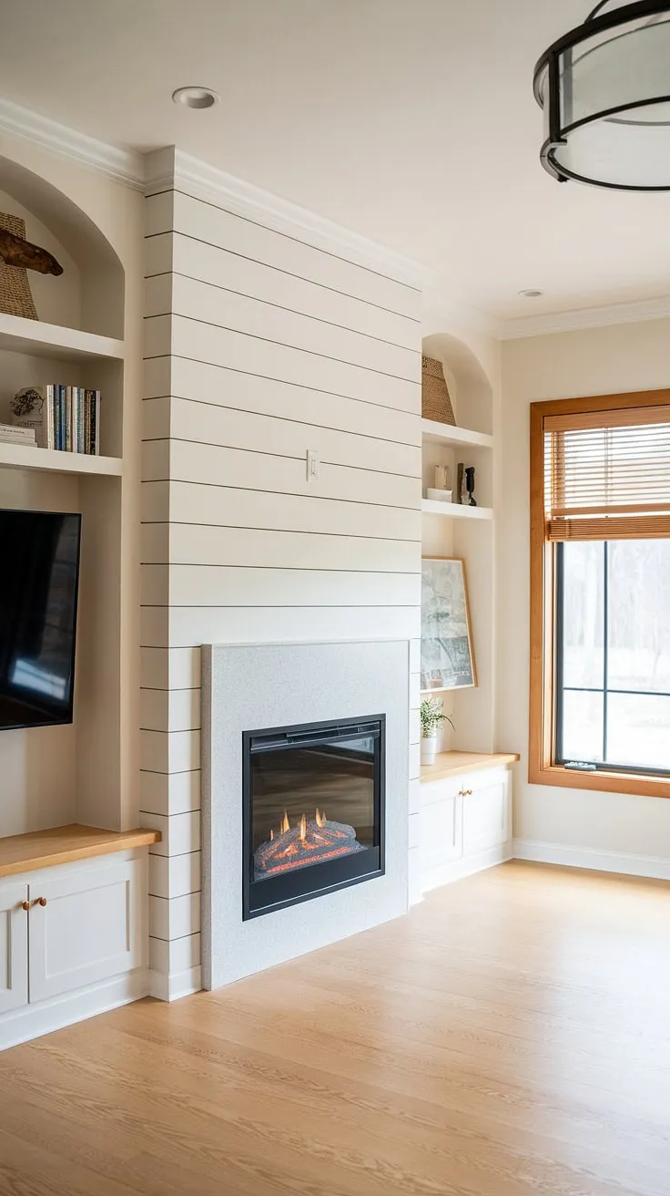 Cozy nights are guaranteed with this stunning living room fireplace, featuring a built-in electric fireplace nestled within shiplap walls.  The fireplace built-ins, including a TV and ample shelving, create the ultimate entertainment and storage solution.  While a bedroom fireplace might be dreamy, this living room fireplace is pure perfection.  The DIY shiplap fireplace wall adds a touch of rustic charm.