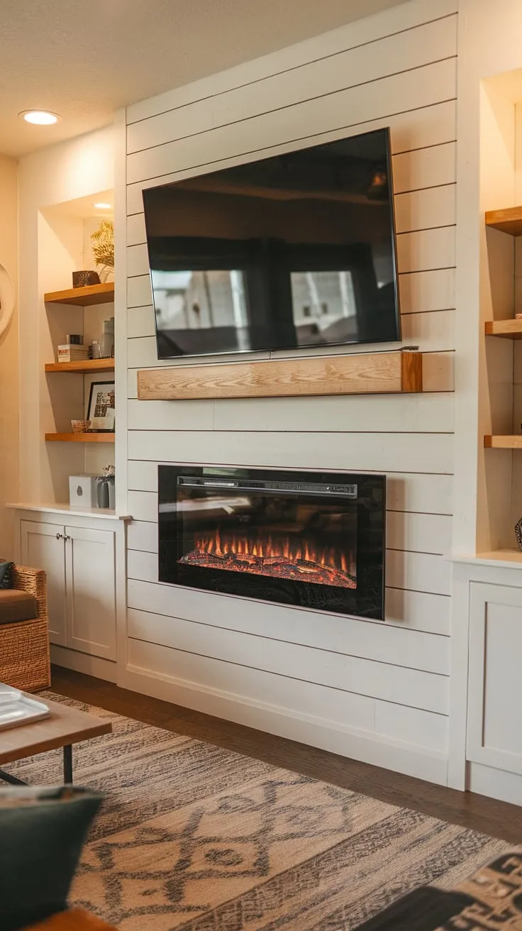 Cozy nights are guaranteed with this stunning shiplap fireplace, a true centerpiece in our living room. The built-in electric fireplace offers warmth and ambiance, perfectly complemented by the fireplace built-ins and the TV mounted above.  A dream fireplace tv wall, this design is the epitome of comfortable living, and while it's not a DIY shiplap fireplace, it feels like it could be!
