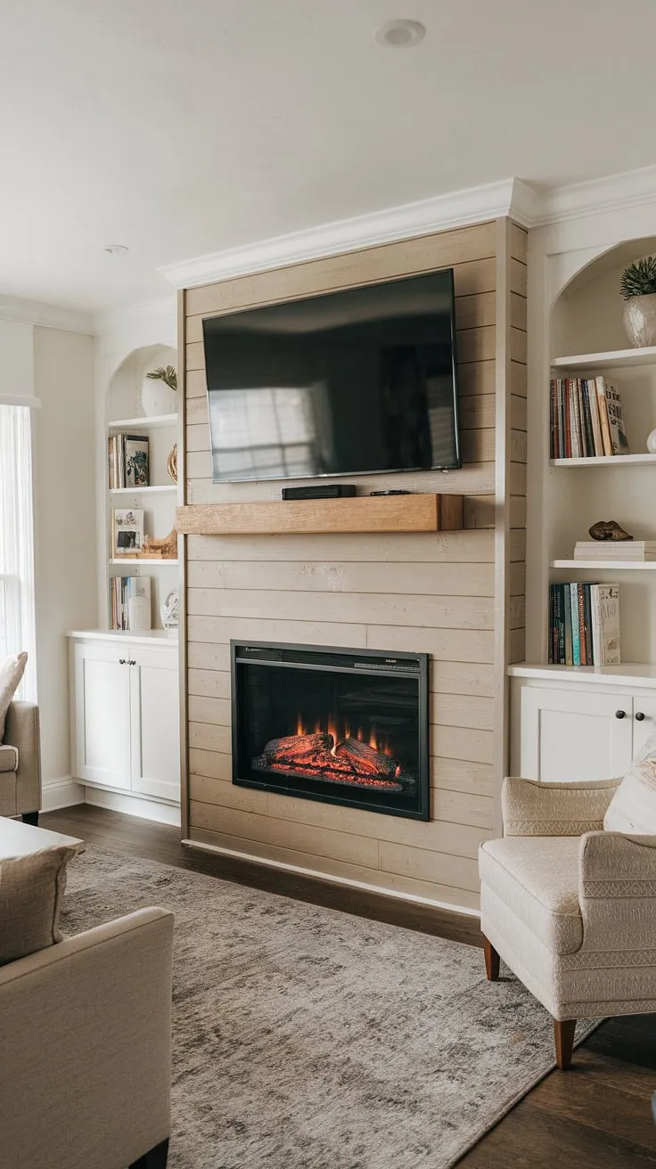 The dreamiest living room fireplace setup?  We think so! This built-in electric fireplace with its shiplap surround is the perfect blend of rustic charm and modern convenience.  The fireplace TV wall and flanking fireplace built-ins create a cohesive and stylish focal point.  Forget a DIY shiplap fireplace – this professionally installed beauty is worth every penny.