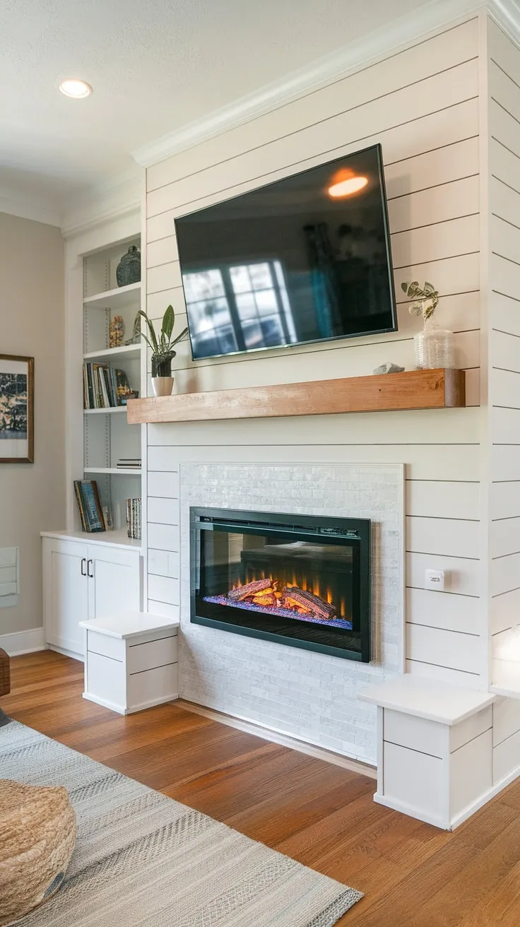 Cozy nights are guaranteed with this stunning shiplap fireplace, a true focal point in our living room. The built-in electric fireplace offers warmth and ambiance, perfectly complemented by the fireplace built-ins and the TV mounted above.  A dream come true, even though it wasn't a DIY shiplap fireplace project!