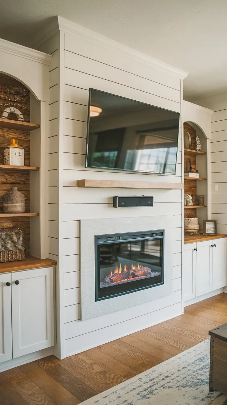 Cozy nights are made for this living room fireplace. The built-in electric fireplace, flanked by custom fireplace built-ins and a shiplap fireplace wall, creates the perfect rustic ambiance.  This fireplace TV wall is the heart of the home, a testament to thoughtful design.  Even a bedroom fireplace couldn't compete with this level of comfort.