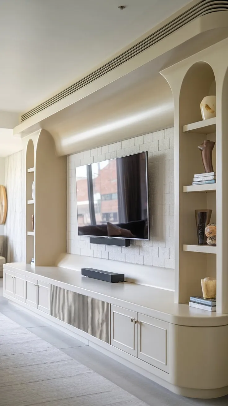 Maximize space and style with this elegant built-in TV wall.  The curved design of this long wall with TV creates a focal point, while the built-in shelves living room around the TV and tv with cabinet below provide smart storage solutions.  This is the epitome of in wall tv built ins and offers inspiring tv in family room ideas for those seeking sophisticated interior design storage ideas.