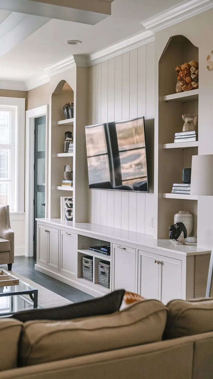 This stunning great room showcases a long wall with TV, featuring a built-in TV wall unit that seamlessly integrates built-in shelves living room around the TV.  The tv with cabinet below offers ample storage, making it a prime example of interior design storage ideas for living rooms with built ins.  A perfect blend of form and function for your in wall tv built ins and tv in family room ideas.