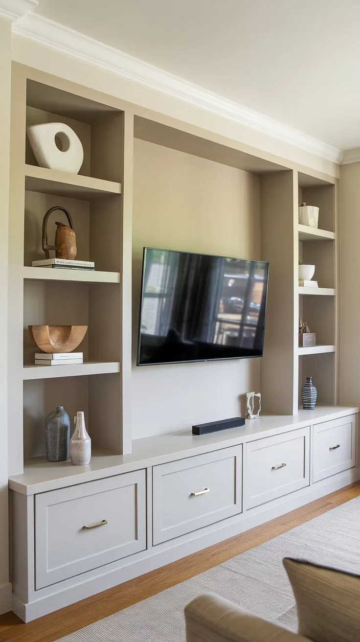 This stunning great room showcases a long wall with TV, featuring a sleek built-in TV wall design.  Built-in shelves living room around the TV offer ample interior design storage ideas, while the tv with cabinet below provides practical functionality.  A perfect example of living rooms with built ins and in wall tv built ins for a sophisticated family room tv wall.
