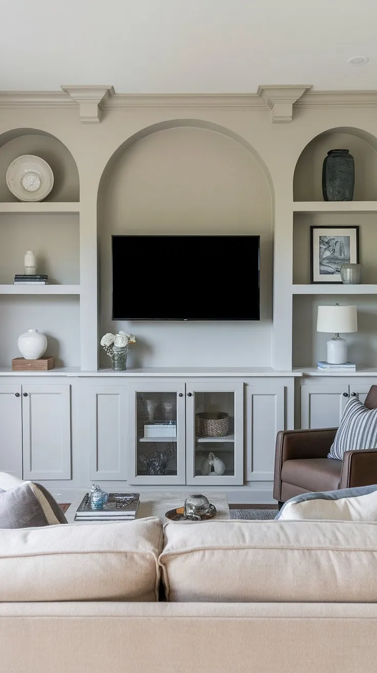 This stunning great room showcases a long wall with TV, featuring a built-in TV wall that seamlessly integrates built-in shelves living room around the TV.  The in-wall TV built-ins offer clever interior design storage ideas, while the TV with cabinet below adds both functionality and style.  A perfect example of living rooms with built ins for a sophisticated and organized family room.