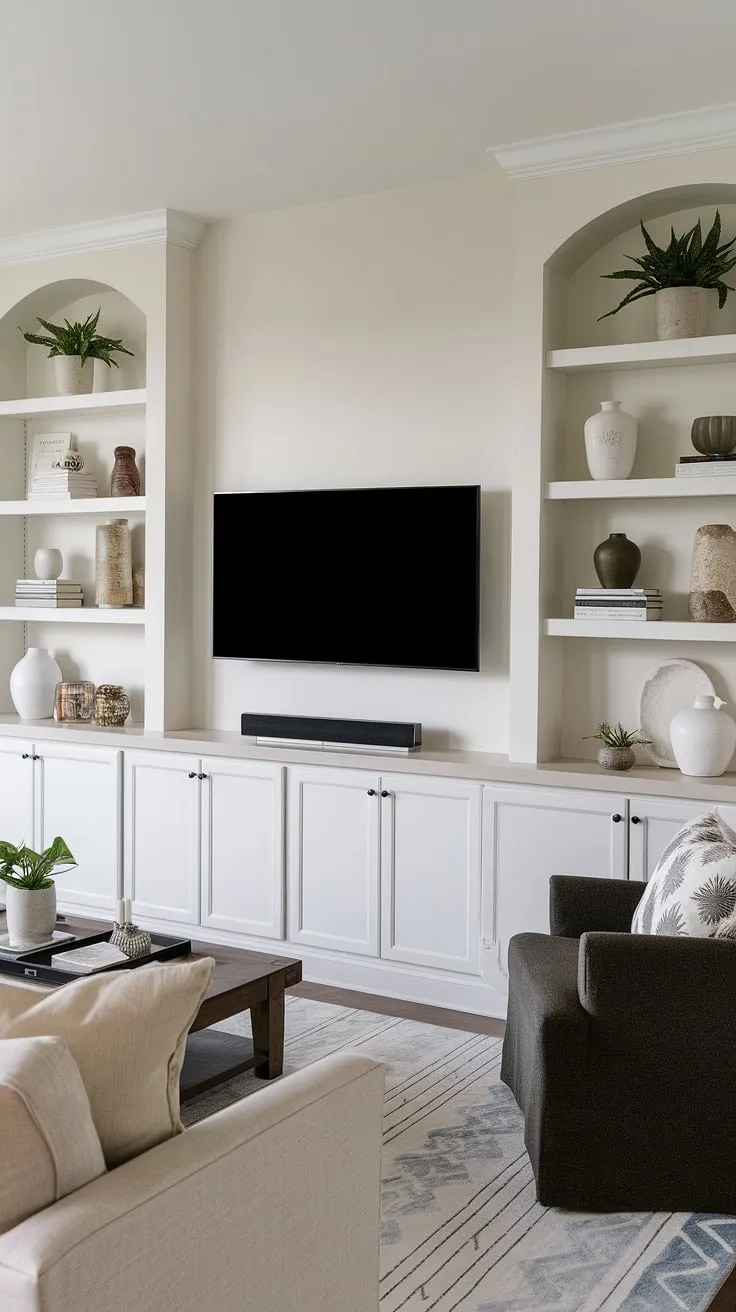 This stunning great room boasts a long wall with TV, featuring a built-in TV wall and built-in shelves living room around the TV, maximizing space and style.  The tv with cabinet below provides ample storage, while the in-wall tv built ins create a seamless, sophisticated look.  This is the perfect example of interior design storage ideas for living rooms with built ins.