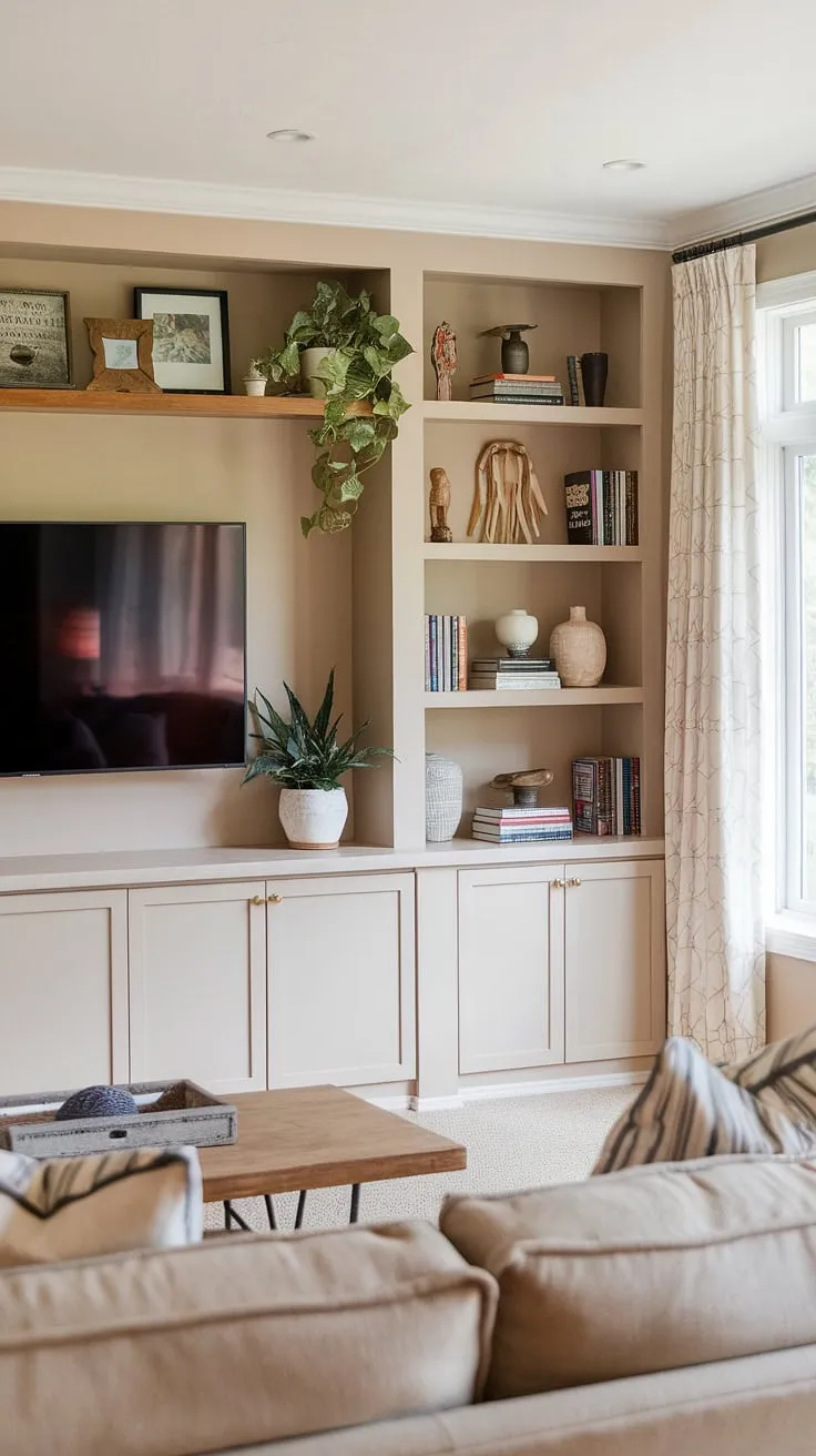 This living room's design perfectly showcases the elegance of a built-in TV wall, complete with built-in shelves around the TV, offering ample interior design storage ideas.  The tv with cabinet below provides both functionality and style, making it a prime example of tv in family room ideas. The long wall with tv is cleverly utilized, creating a focal point in this great room tv wall design.