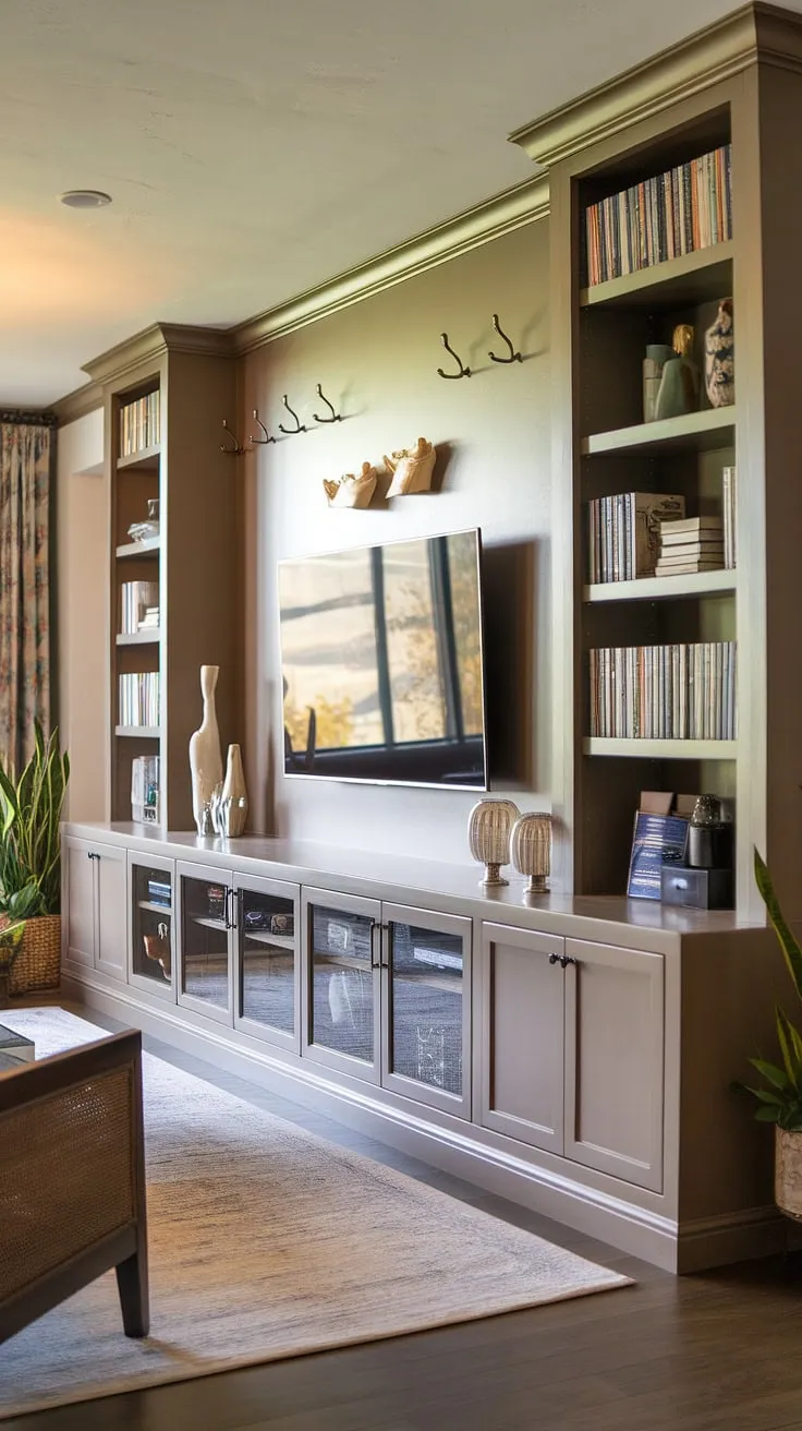 Maximize space and style with this built-in TV wall unit.  The sleek design incorporates built-in shelves living room around the TV, providing ample storage.  Notice the thoughtful details:  tv with cabinet below for media storage, and the upper shelves displaying books and decor.  A fantastic example of in-wall TV built-ins and interior design storage ideas, perfect for a great room TV wall or any living rooms with built-ins seeking a sophisticated tv in family room ideas.