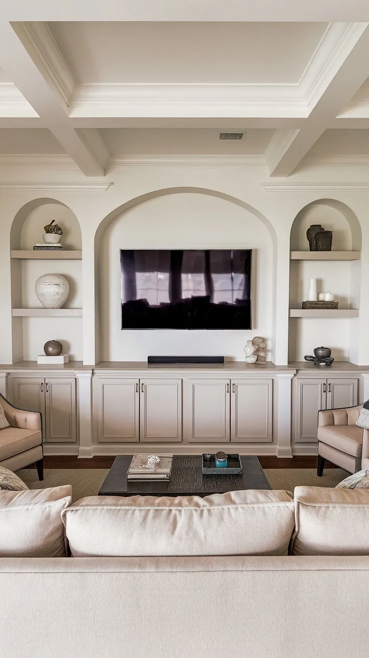 This stunning great room boasts a long wall with TV, featuring a built-in TV wall that seamlessly integrates built-in shelves living room around the TV.  The tv with cabinet below offers clever interior design storage ideas, while the in-wall tv built ins create a clean, modern aesthetic.  Perfect inspiration for living rooms with built ins and tv in family room ideas.