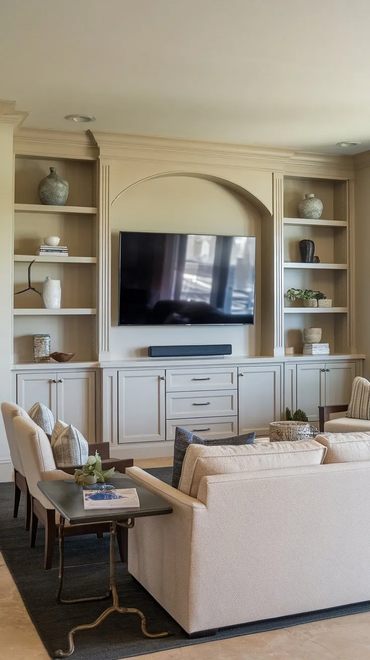 Maximize your space and style with this stunning built-in TV wall.  The clever design incorporates built-in shelves living room around the TV, providing ample storage.  This is a fantastic example of tv in family room ideas, showcasing a tv with cabinet below and a sleek, modern aesthetic.  The in-wall TV built-ins are the perfect solution for a long wall with TV, offering both functionality and visual appeal.  Consider this inspiration for your own interior design storage ideas.