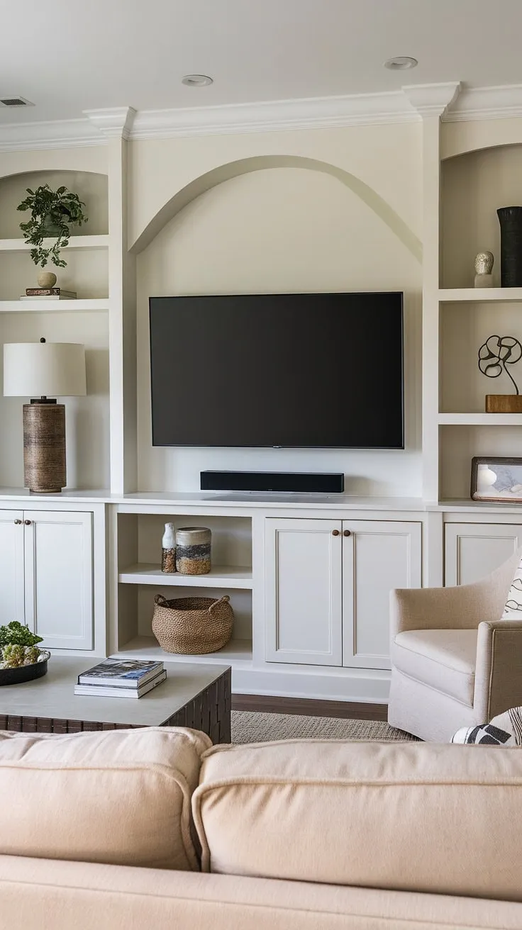 This stunning great room tv wall showcases the perfect blend of form and function.  The built in tv wall, complete with a tv with cabinet below and built in shelves living room around tv, offers ample interior design storage ideas while maintaining a sleek, modern aesthetic.  Clever use of in wall tv built ins maximizes space and creates a focal point in this living room with built ins.  The long wall with tv is beautifully styled, providing inspiration for your own tv in family room ideas.