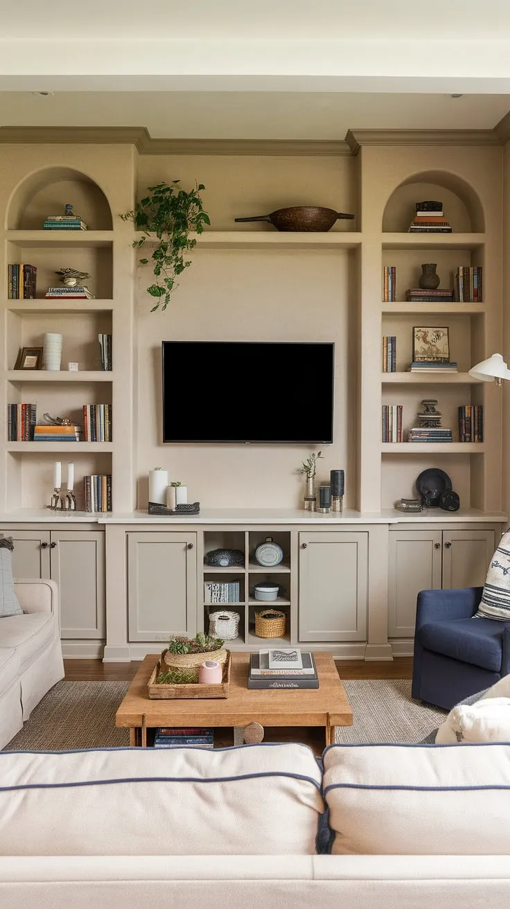 Maximize your space and style with this impressive built-in TV wall.  The built-in shelves living room around the TV provide abundant storage, showcasing books, decor, and plants.  The tv with cabinet below completes the design, offering a seamless blend of form and function. This is a prime example of in wall tv built ins and a great solution for interior design storage ideas in living rooms with built ins.  Perfect for a family room or great room tv wall.