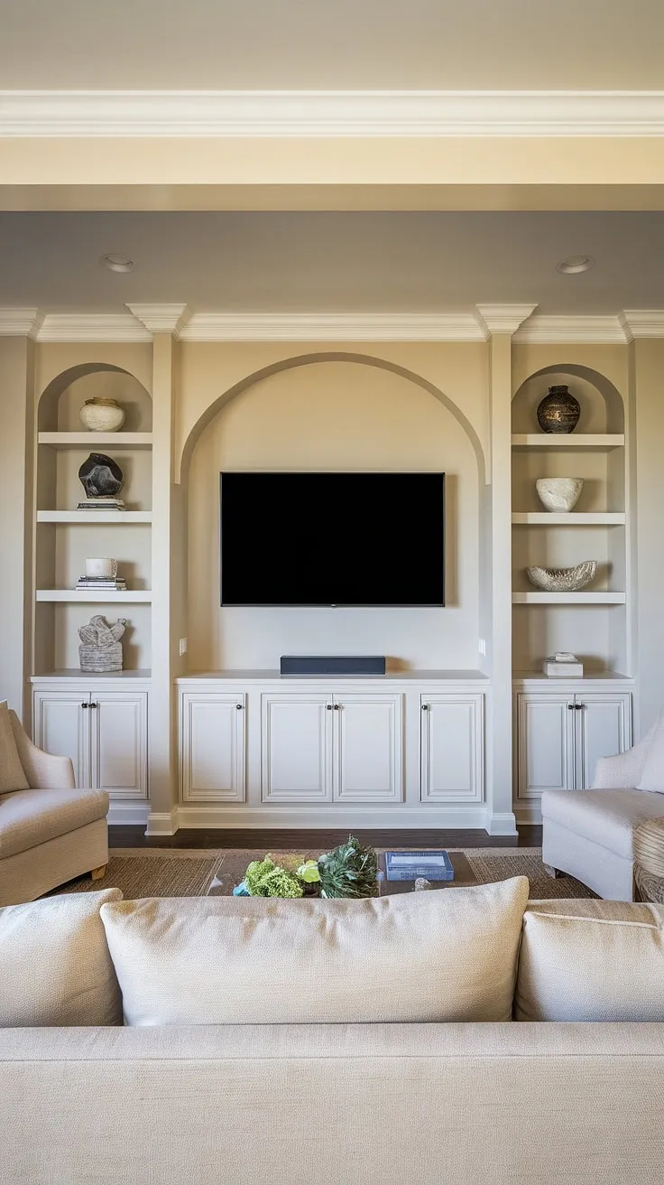 Transform your living space with this elegant built-in TV wall.  The long TV is perfectly complemented by the built-in shelves living room around the tv, creating a seamless and stylish focal point.  Clever interior design storage ideas are incorporated into the design, and the tv with cabinet below adds practicality. This is the epitome of living rooms with built ins and a fantastic example of in wall tv built ins for your family room.