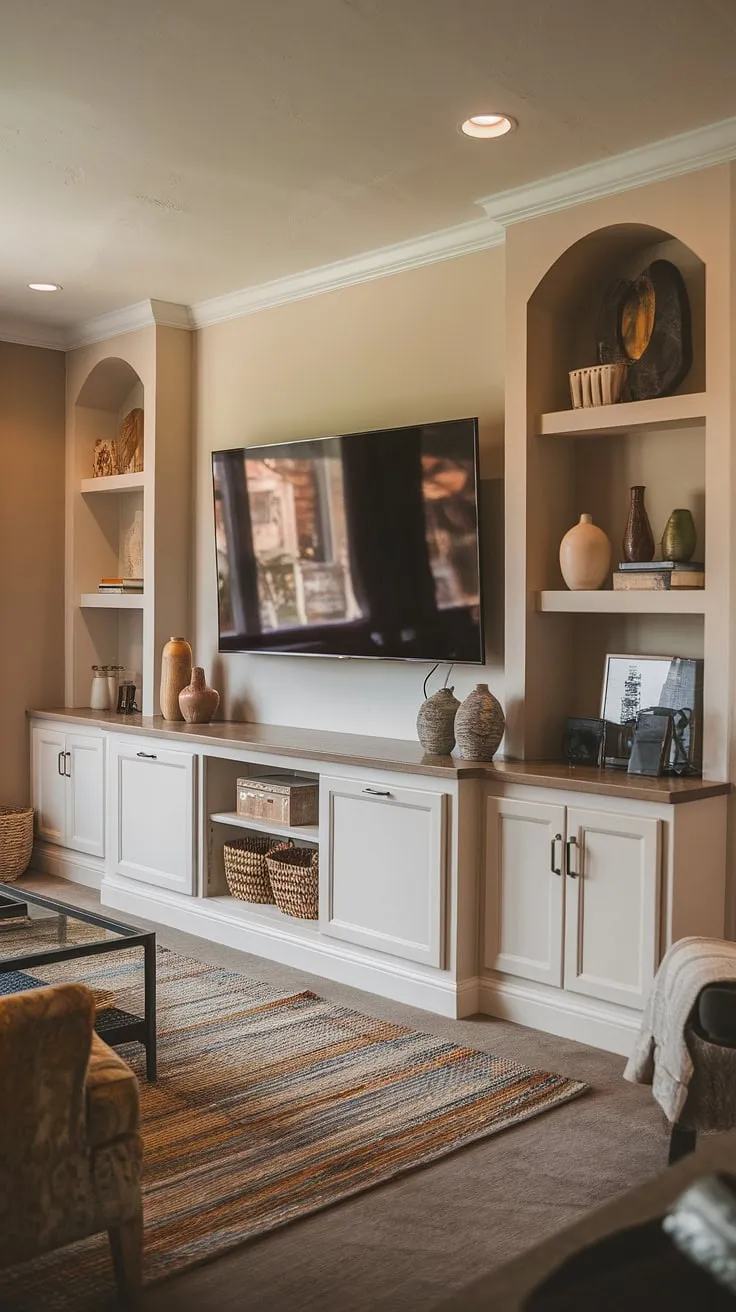 Maximize your space and style with this in-wall tv built ins design.  The great room tv wall features ample built-in shelves living room around tv, providing the perfect blend of functionality and aesthetics.  The tv with cabinet below adds extra storage, making this a dream setup for those seeking clever interior design storage ideas.  A perfect example of living rooms with built ins.