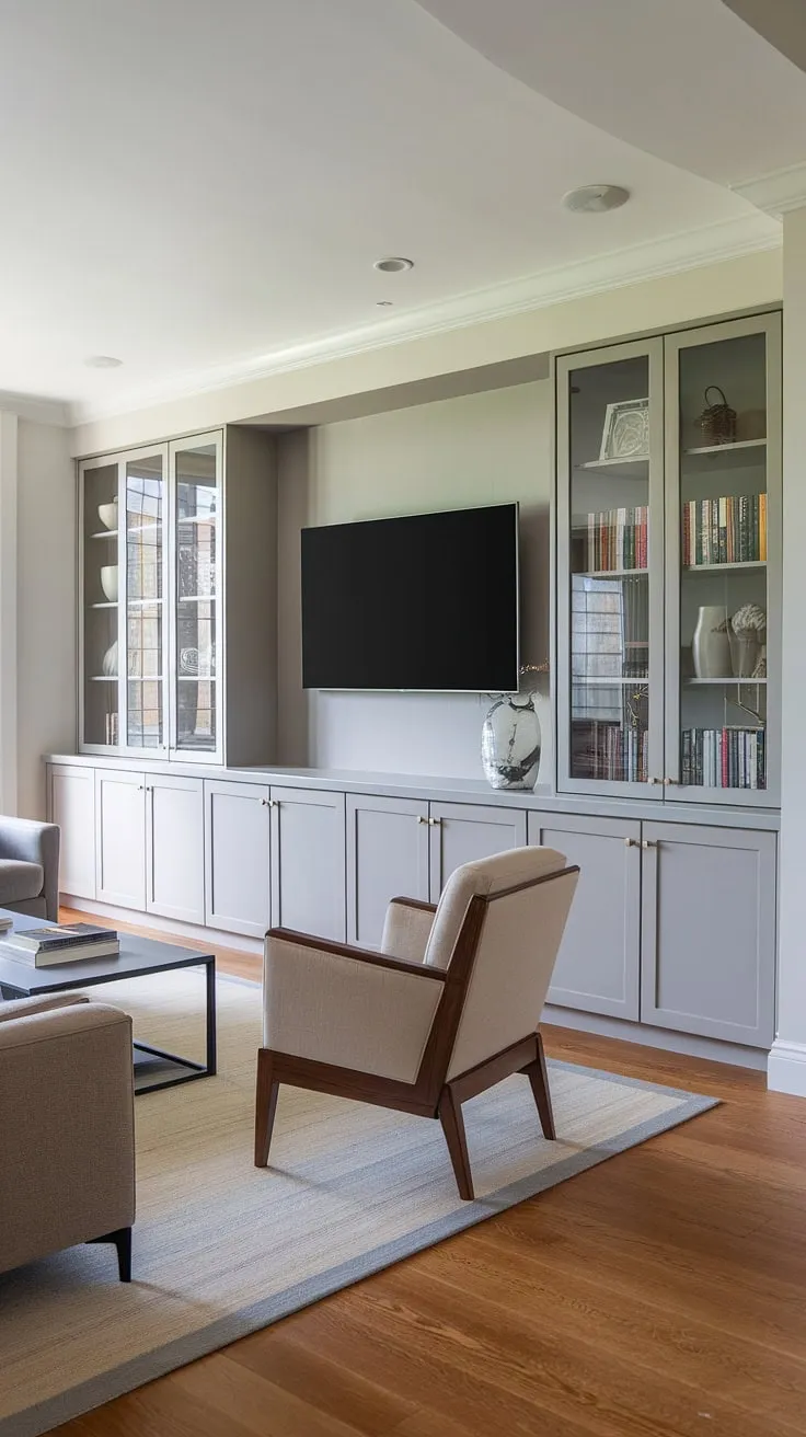 Maximize space and style with this built-in TV wall.  The long wall with TV incorporates built-in shelves living room around the TV, providing stylish storage solutions and showcasing personal treasures.  This design is a masterclass in living rooms with built ins, offering a sophisticated take on tv with cabinet below and in wall tv built ins.  Perfect for those seeking elegant interior design storage ideas and innovative tv in family room ideas.