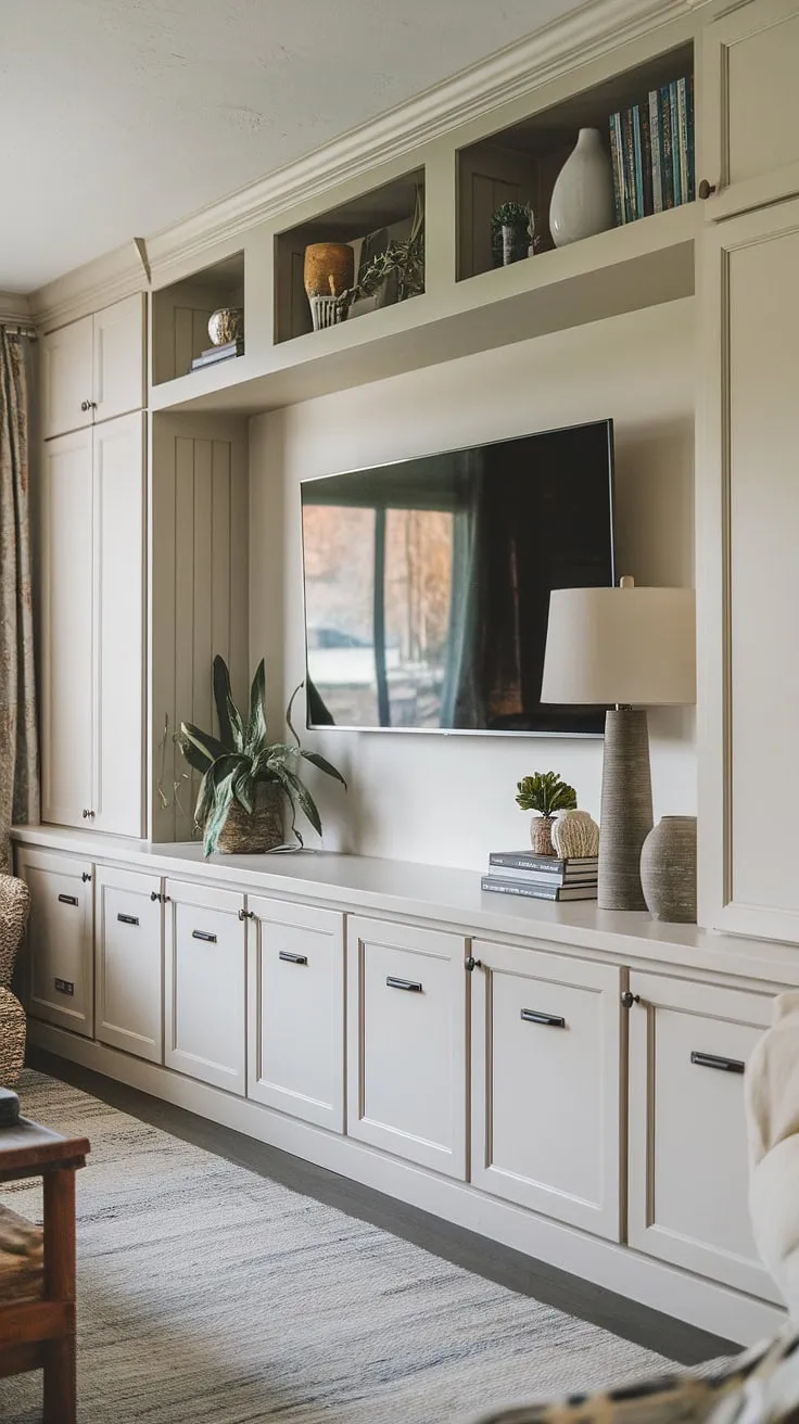 Maximize your space and style with this in-wall tv built ins design.  The built-in TV wall unit elegantly incorporates a tv with cabinet below, offering practical storage solutions.  The surrounding built-in shelves living room around the tv create a cohesive and visually appealing design.  This is a prime example of how to achieve both functionality and beauty in living rooms with built ins, perfect for a long wall with tv.  It's a fantastic source of inspiration for your next interior design storage ideas.