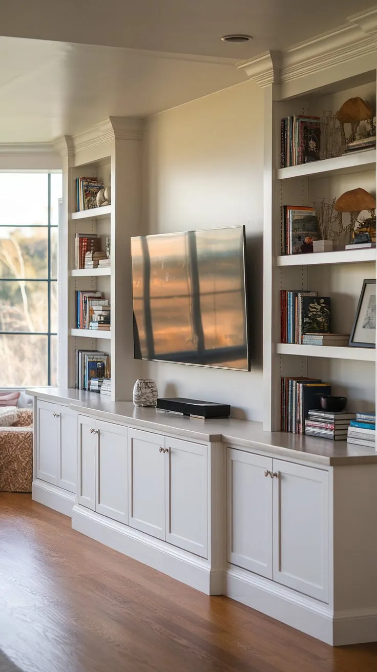 Maximize your space and style with this in-wall tv built ins design.  The built-in TV wall seamlessly integrates the television, offering abundant storage with built-in shelves living room around the TV.  The tv with cabinet below provides additional storage, while the long wall with tv becomes a focal point of the room.  This design is a masterclass in interior design storage ideas, perfect for those seeking inspiration for living rooms with built-ins and tv in family room ideas.