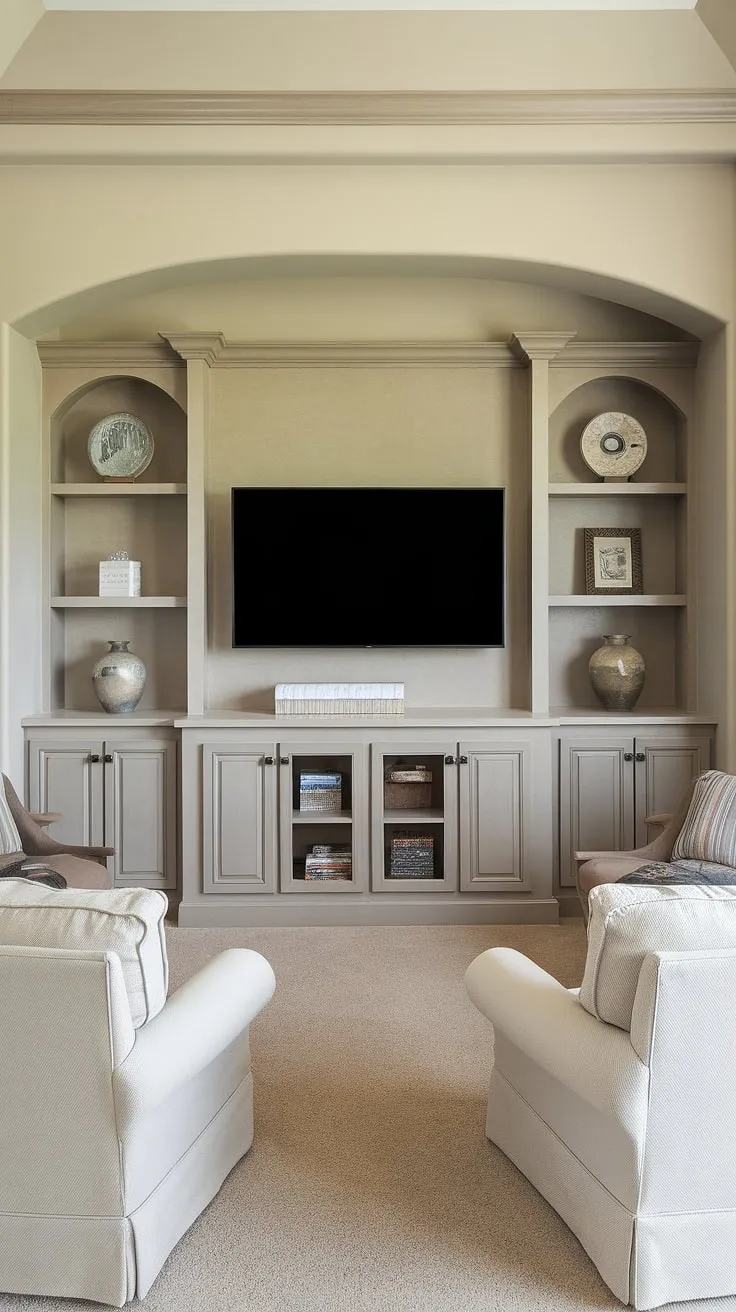 This stunning great room tv wall showcases the perfect blend of form and function.  The built-in TV wall, complete with in-wall tv built-ins and built-in shelves living room around tv, offers ample storage solutions with the tv with cabinet below.  It's a prime example of interior design storage ideas for living rooms with built ins, maximizing space and style on a long wall with tv.
