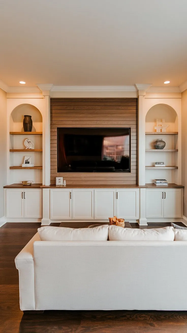 Maximize your long wall with tv and create the ultimate entertainment hub with this in-wall tv built ins design.  The built-in TV wall seamlessly integrates storage solutions, featuring a tv with cabinet below and built-in shelves living room around tv.  This is the epitome of tv in family room ideas, offering both practicality and sophisticated style.