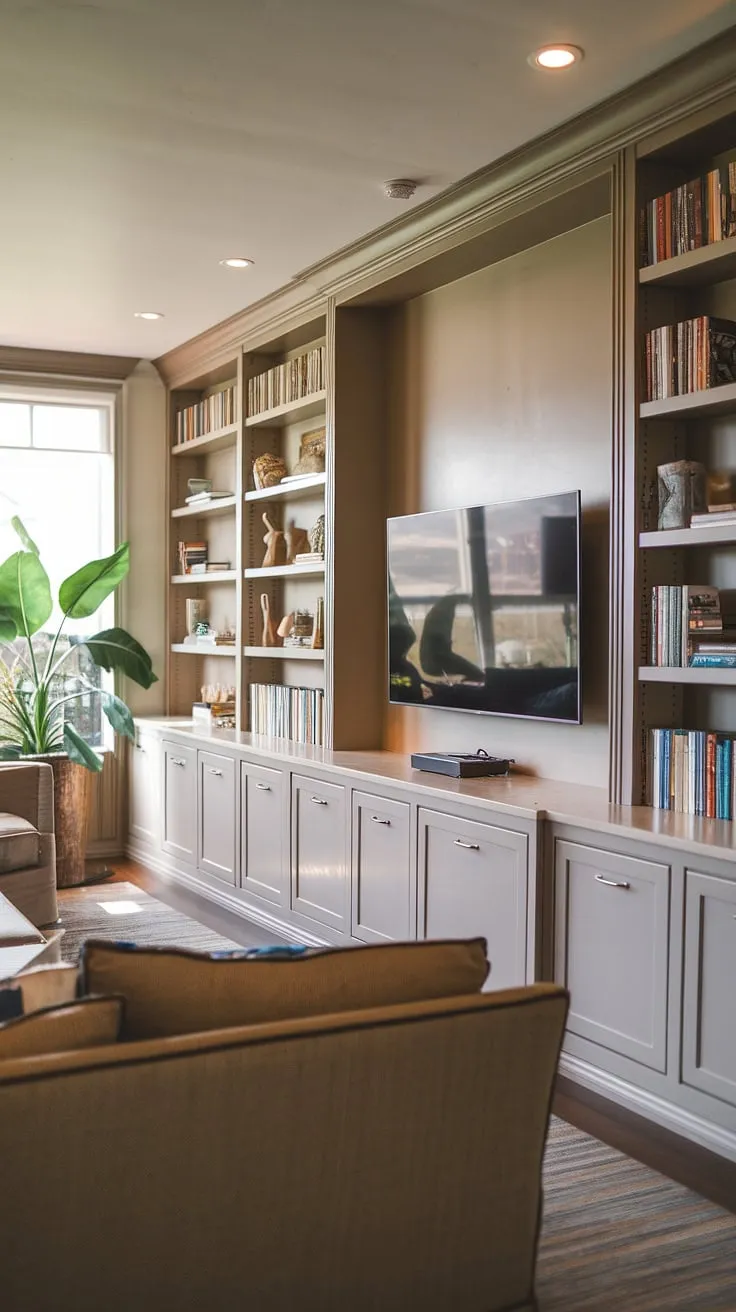 Warmth and functionality meet in this living room, showcasing a stunning built-in TV wall with shelves perfectly integrated around the TV. The tv with cabinet below offers both style and practicality, while the long wall with tv and its built-in shelves provides ample interior design storage ideas.  This is the epitome of living rooms with built ins, a true great room tv wall design.