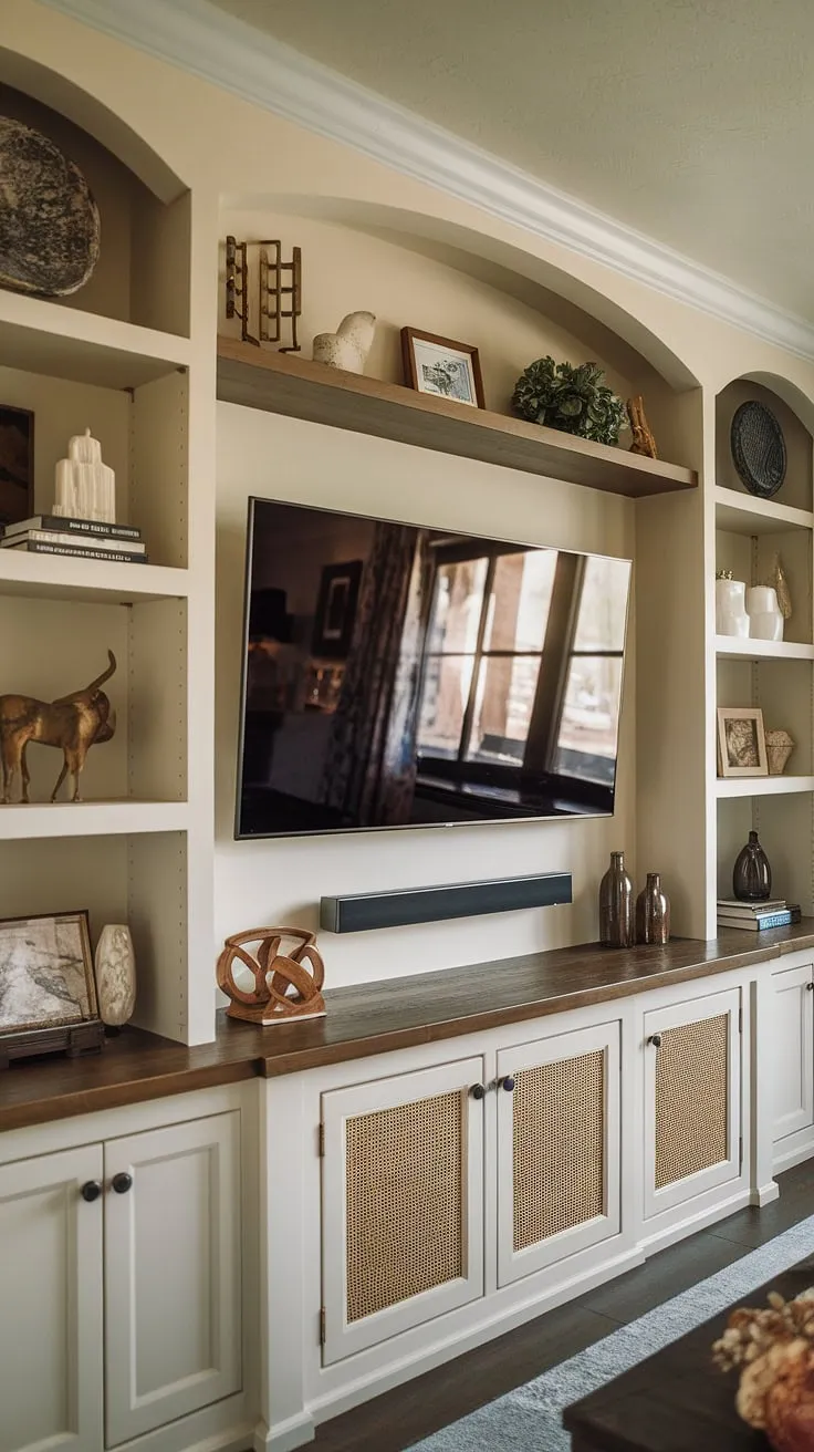This cozy living room showcases the perfect blend of form and function with a stunning built-in TV wall.  The built-in shelves living room around the TV offer ample interior design storage ideas, while the tv with cabinet below provides a clean, streamlined look.  This great room tv wall is a masterclass in in-wall tv built ins, ideal for tv in family room ideas and maximizing space on a long wall with tv.