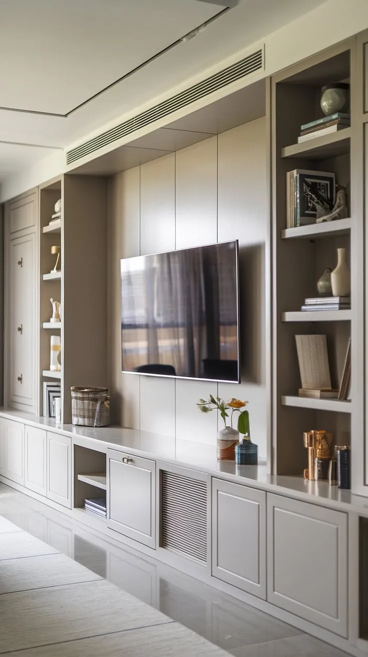 Maximize your space and style with this stunning built-in TV wall.  The sleek design incorporates built-in shelves living room around the TV, providing ample storage, while the TV with cabinet below keeps things neat and organized.  Ideal for those seeking living rooms with built-ins, this in-wall TV built-in is a dream for any great room TV wall.  A perfect blend of form and function, showcasing the best in interior design storage ideas.
