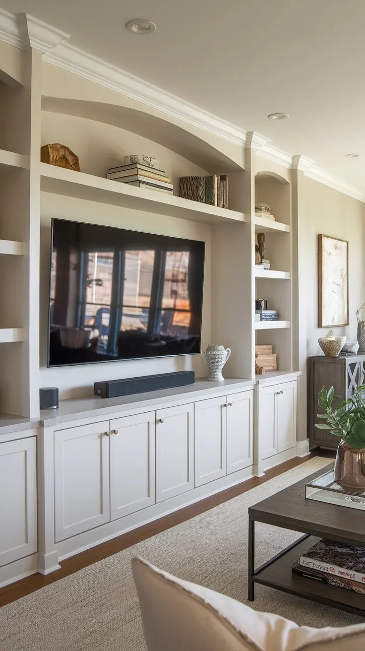 Maximize your space and style with this long wall with tv featuring a custom built-in TV wall.  The built-in shelves living room around the TV offer abundant storage, while the tv with cabinet below keeps things neat and organized.  This is the ultimate in tv in family room ideas, showcasing exceptional interior design storage ideas and seamless in wall tv built ins.
