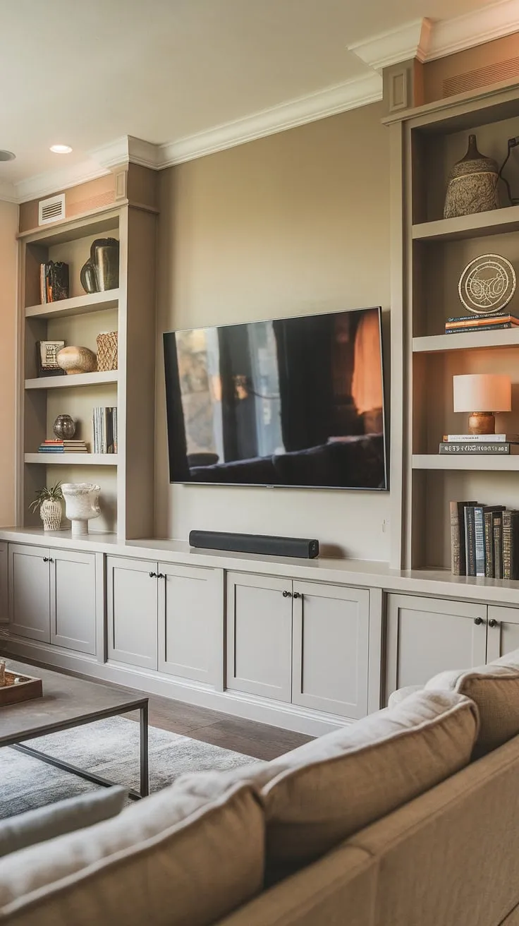 Warm lighting and thoughtful design converge in this living room, showcasing a stunning built-in TV wall.  The built-in shelves living room around the TV offer ample interior design storage ideas, while the tv with cabinet below provides a sleek, integrated look. This is a perfect example of in-wall tv built-ins for a great room tv wall, ideal for family movie nights.  The long wall with tv is utilized beautifully, creating a focal point that's both functional and stylish.