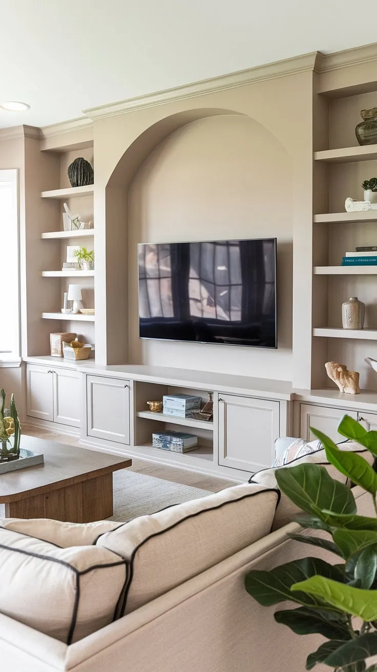 Transforming a long wall with TV into a functional and beautiful focal point. This built-in TV wall showcases clever interior design storage ideas with built-in shelves living room around the TV and a cabinet below, creating a seamless blend of form and function.  The result?  A sophisticated great room TV wall that's perfect for showcasing your style, and a prime example of living rooms with built-ins and in-wall TV built-ins.  This is a fantastic tv in family room ideas.