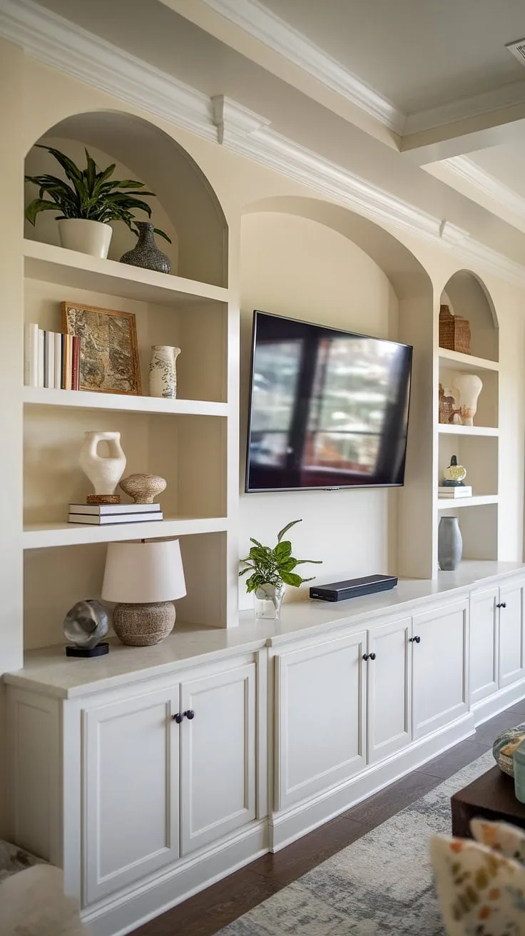 This great room's long wall is transformed into a stunning focal point with a built-in TV wall, showcasing clever interior design storage ideas.  The built-in shelves living room around the TV, along with the tv with cabinet below, offer both style and practicality.  In-wall TV built-ins are the perfect solution for maximizing space and creating a clean, sophisticated look in living rooms with built-ins.  This is prime inspiration for your next tv in family room ideas.